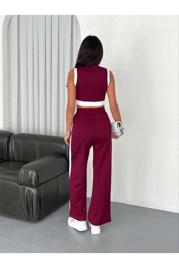 Osy Modal Yumuşak Dokulu Kumaş Tam Fermuarlı Crop Pantalon İkili Takım - Bordo