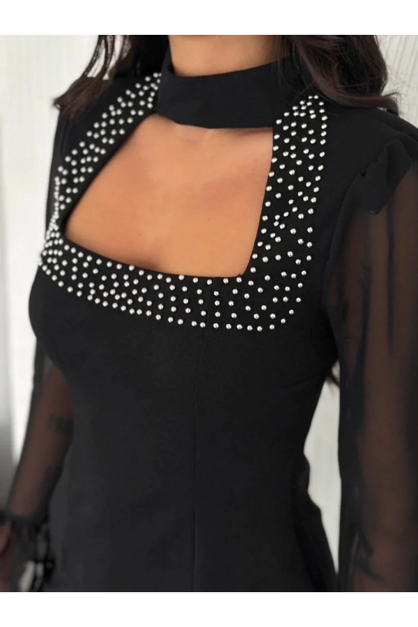 Penye Uzun Kollu Kadın Kolları Şifon Göğüste İnci Boncuk detaylı Bluz - Siyah