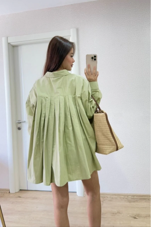 Poplin Kadın Yakalı Yandan Yırtmaçlı Arka Pens Detaylı Gömlek - Yeşil