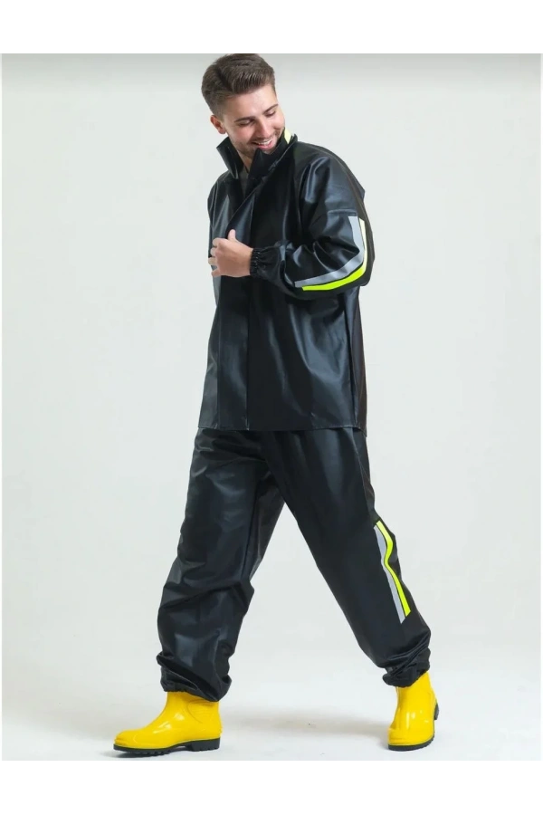 Premium Motorcu Kurye Yağmurluk Takım Su Geçirmez PVC Kumaş Reflektörlü TÜBİTAK Onaylı - Siyah