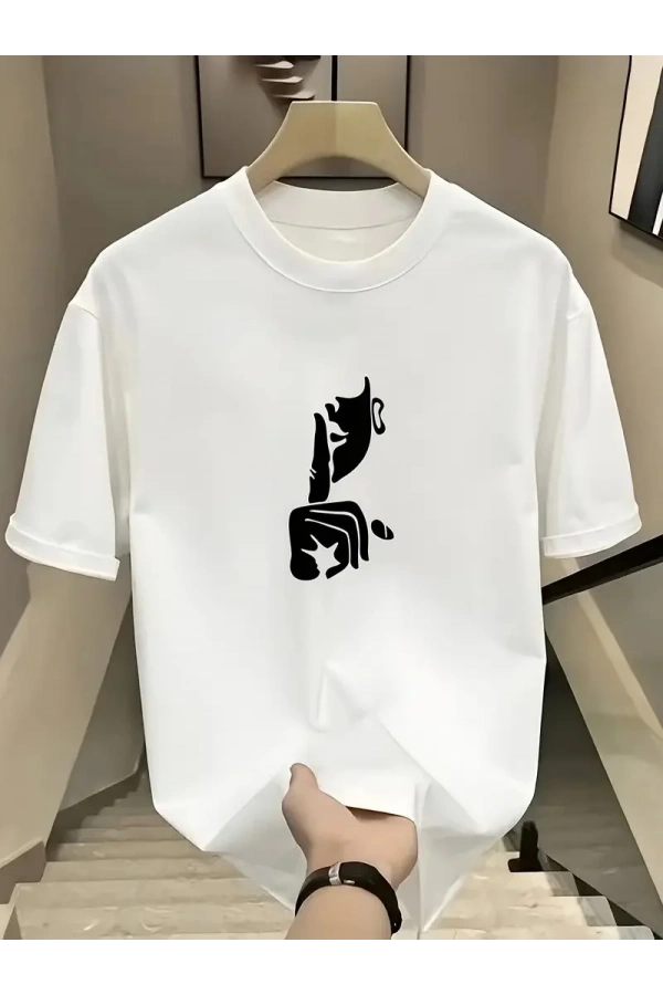 Rahat Bisiklet Yaka Tişört, Yaratıcı Karikatür Baskı - Yumuşak Polyester, Her Mevsim Giyilebilir- Beyaz