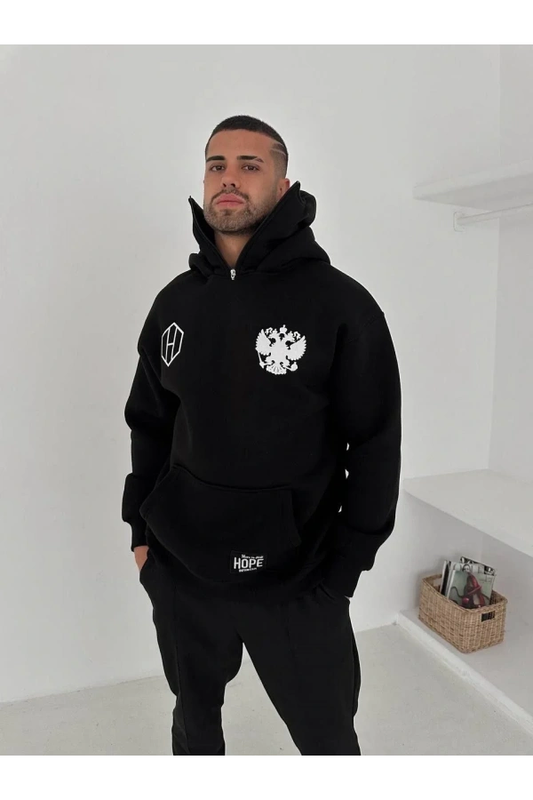 Samuray Ninja Çift Kapşonlu ZIP Fermuarlı Kanguru Çepli Tam Fermuarlı Hoodie ön ve Arka Baskılı Maske Detaylı Swetshirt - Siyah