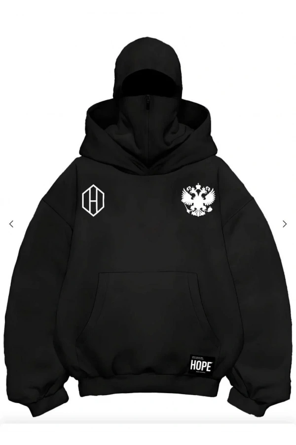 Samuray Ninja Çift Kapşonlu ZIP Fermuarlı Kanguru Çepli Tam Fermuarlı Hoodie ön ve Arka Baskılı Maske Detaylı Swetshirt - Siyah