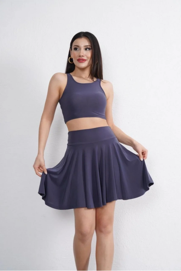 Sendy Kumaş Bisiklet Yaka Crop Şortlu Etek ikili Takım - Antrasit