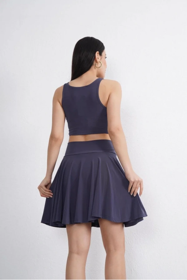 Sendy Kumaş Bisiklet Yaka Crop Şortlu Etek ikili Takım - Antrasit