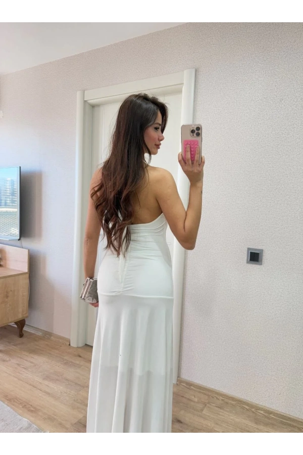 Sırt dekolteli Uzun Elbise - Beyaz