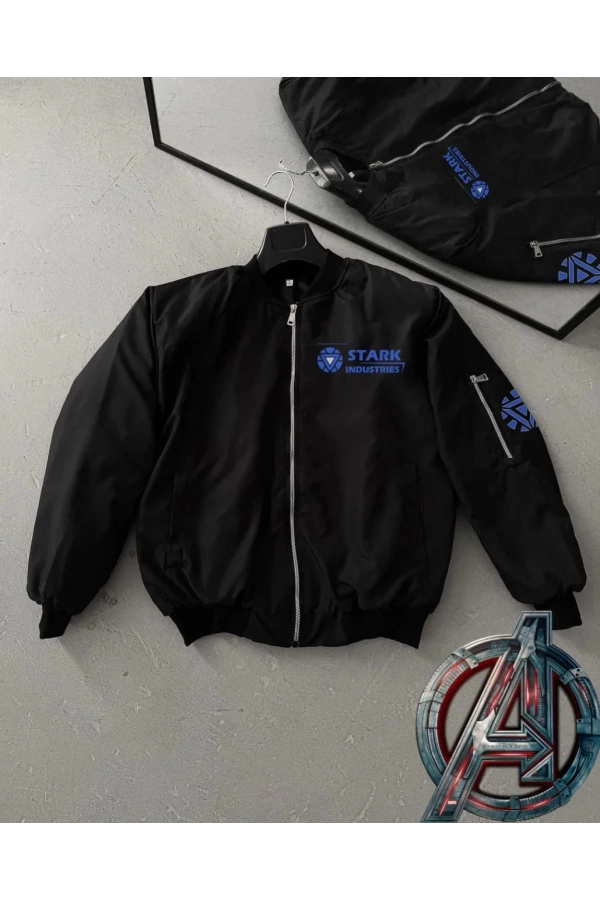 Stark Industries Siyah Bomber Mont – Fermuarlı, Cepli, Uzun Kollu, Kapitone Astarlı, Bahar ve Kış Mevsimi Rahat Unisex Ceket - Siyah