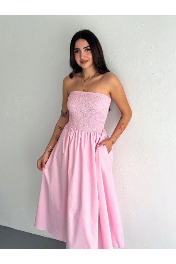 Straplez Pileli Elbise - Pembe
