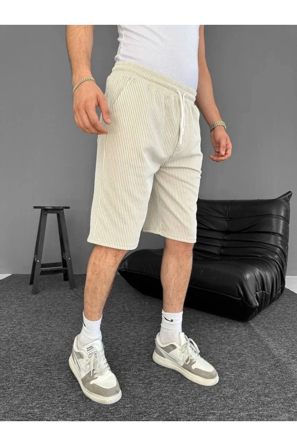 Su Yolu Çizgili Ön Arka Cepli Şort Yazlık Nefes Alabilir - Bej