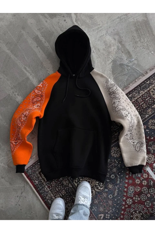 Üç İplik Penye Kapşonlu Parçalı SweatShirt - Siyah