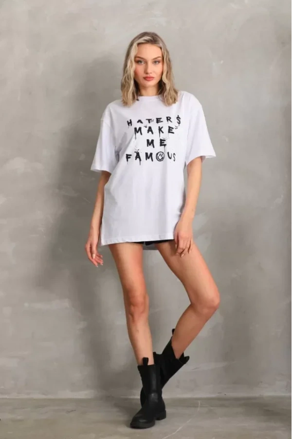 Unisex Baskılı Oversize T-Shirt - Beyaz