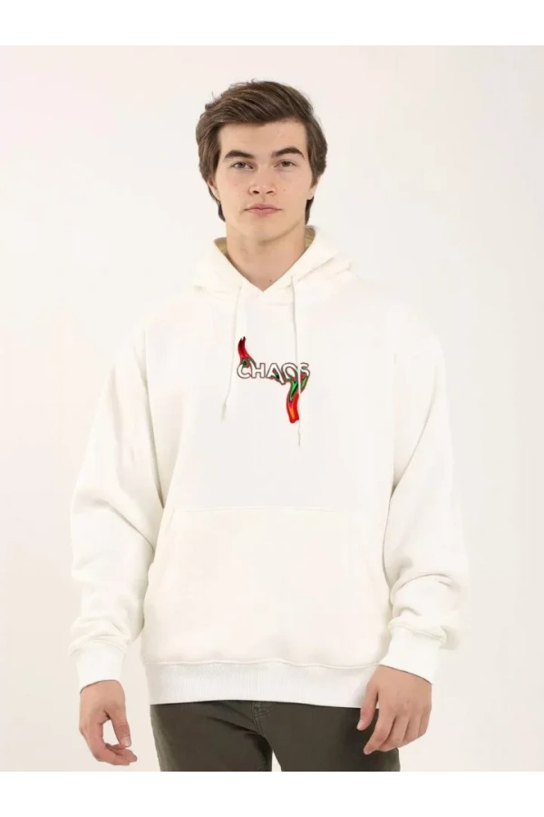 Unisex Baskılı Oversize Üç İplik Kapüşonlu Sweatshirt - Beyaz