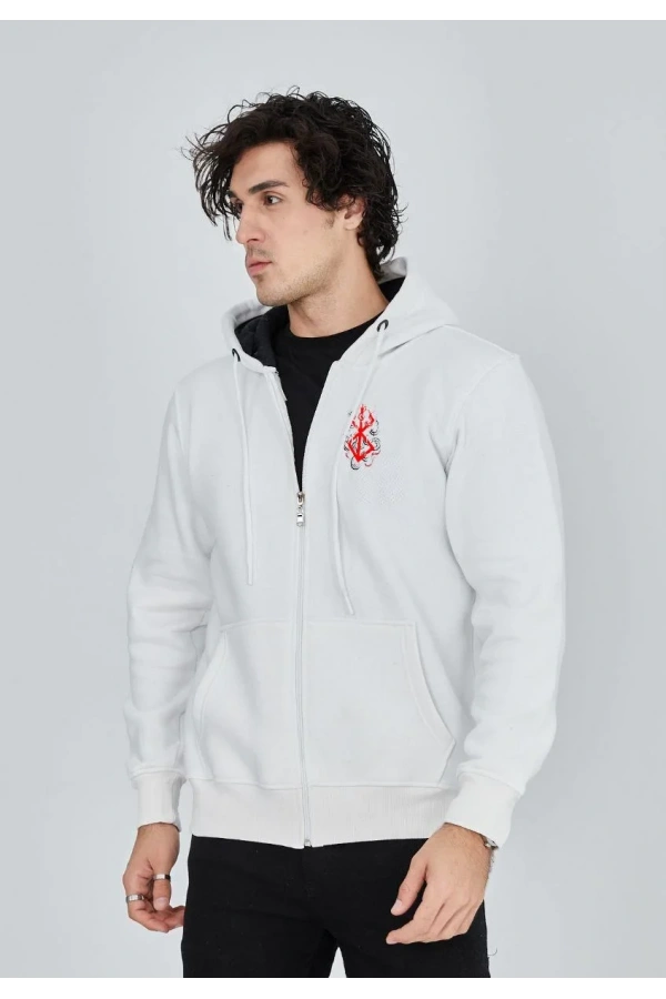 Unisex Baskılı Tam Fermuarlı Kapşonlu SweatShirt - Beyaz