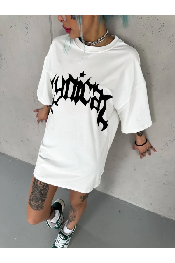 Unisex Bisiklet Yaka Baskılı Oversize T-Shirt - Beyaz