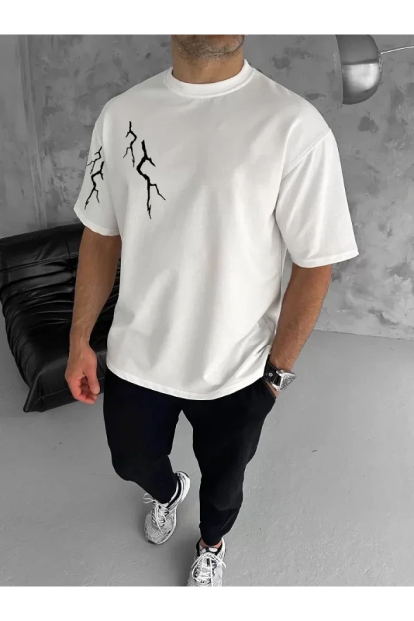 Unisex Bisiklet Yaka Baskılı Oversize T-Shirt - Beyaz