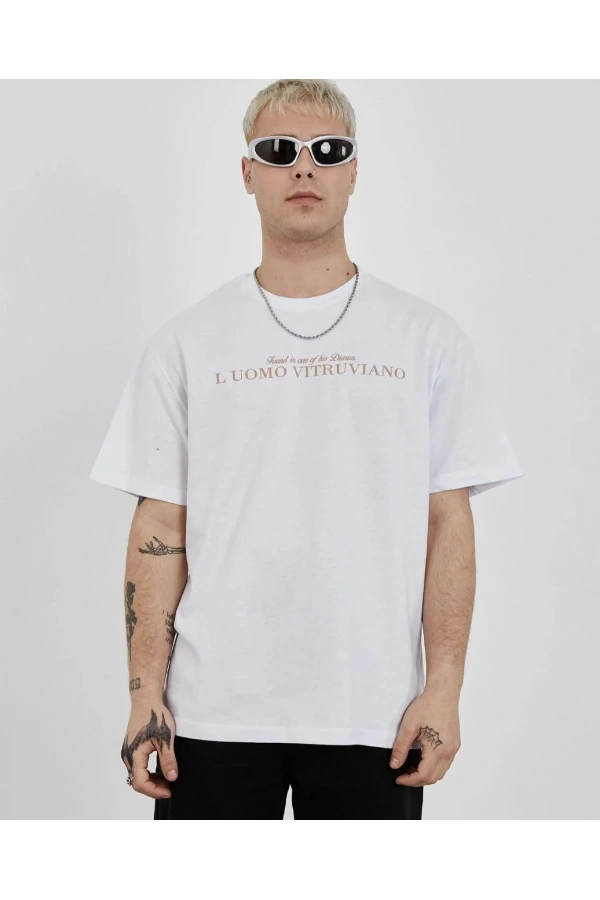 Unisex Bisiklet Yaka Baskılı Oversize T-Shirt - Beyaz