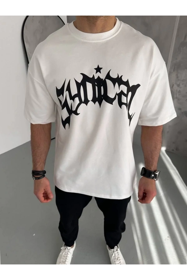 Unisex Bisiklet Yaka Baskılı Oversize T-Shirt - Beyaz