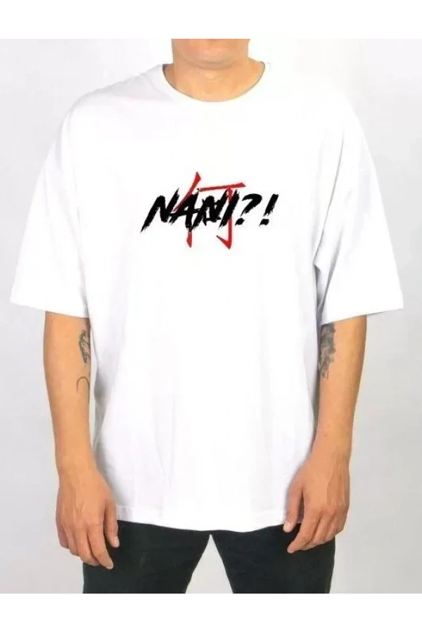 Unisex Bisiklet Yaka Baskılı Oversize T-Shirt - Beyaz