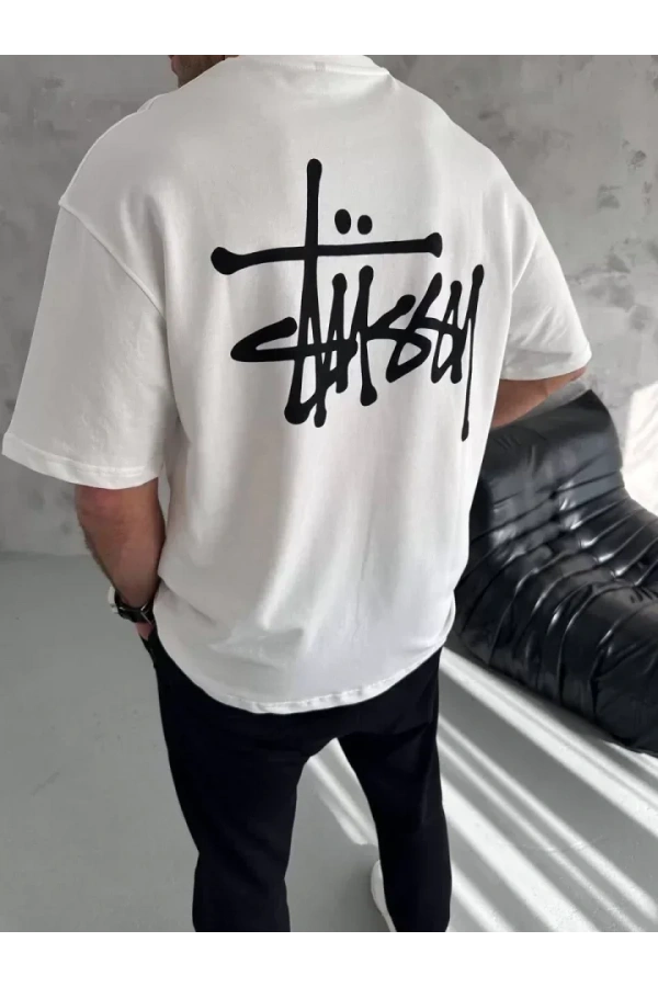 Unisex Bisiklet Yaka Baskılı Oversize T-Shirt - Beyaz