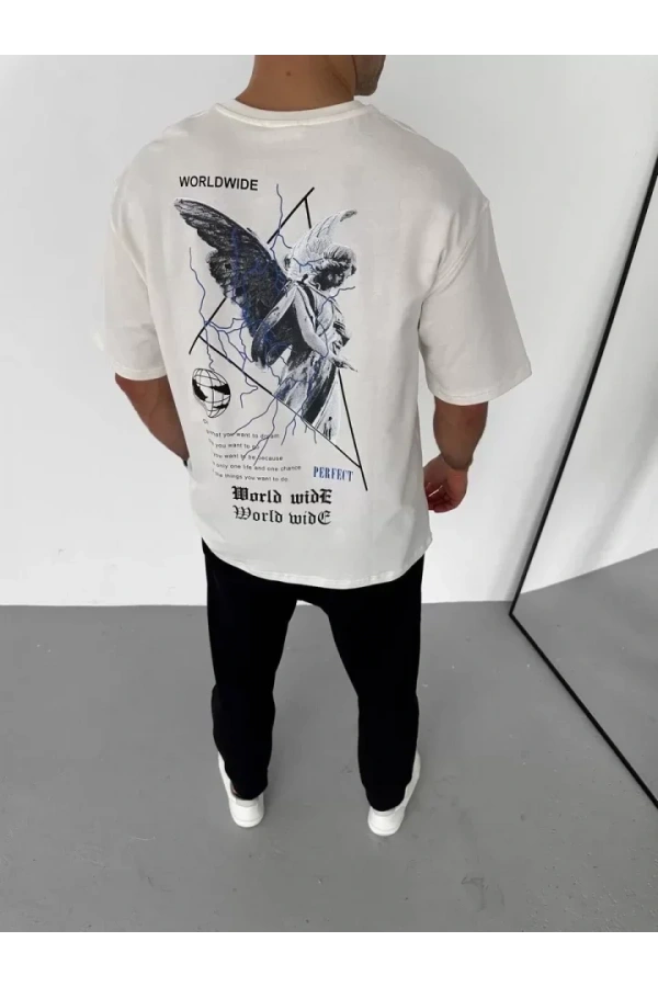 Unisex Bisiklet Yaka Baskılı Oversize T-Shirt - Beyaz