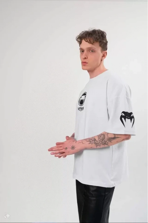 Unisex Bisiklet Yaka Baskılı Oversize T-Shirt - Beyaz