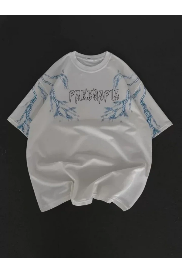 Unisex Bisiklet Yaka Baskılı Oversize T-Shirt - Beyaz