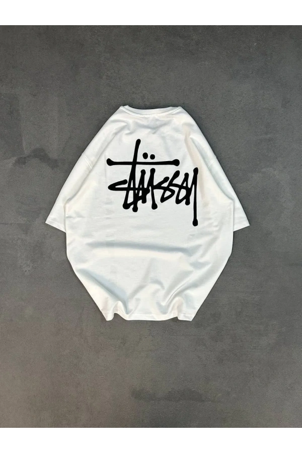 Unisex Bisiklet Yaka Baskılı Oversize T-Shirt - Beyaz