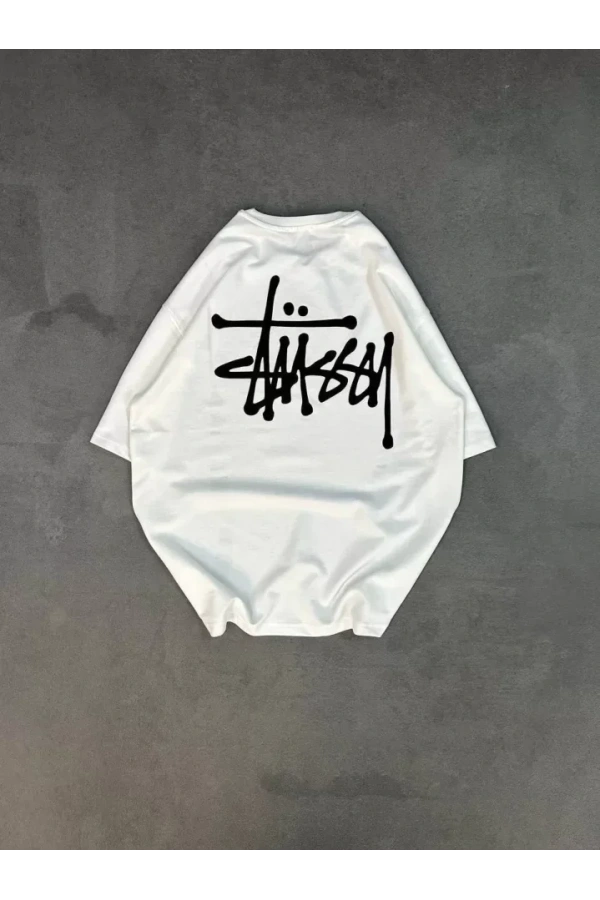 Unisex Bisiklet Yaka Baskılı Oversize T-Shirt - Beyaz