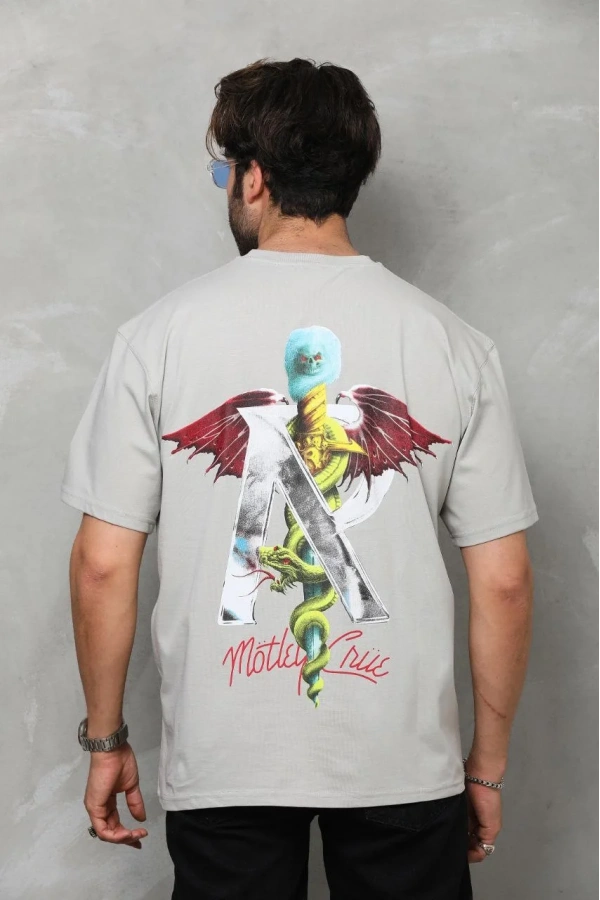 Unisex Bisiklet Yaka Baskılı Oversize T-Shirt - Gri