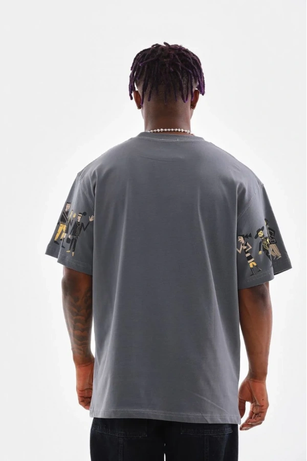 Unisex Bisiklet Yaka Baskılı Oversize T-Shirt - Gri