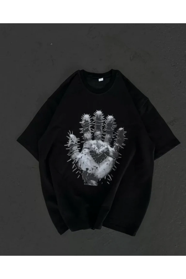 Unisex Bisiklet Yaka Baskılı Oversize T-Shirt - Siyah