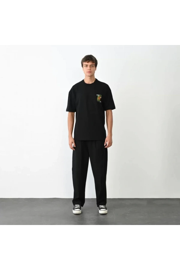 Unisex Bisiklet Yaka Baskılı Oversize T-Shirt - Siyah