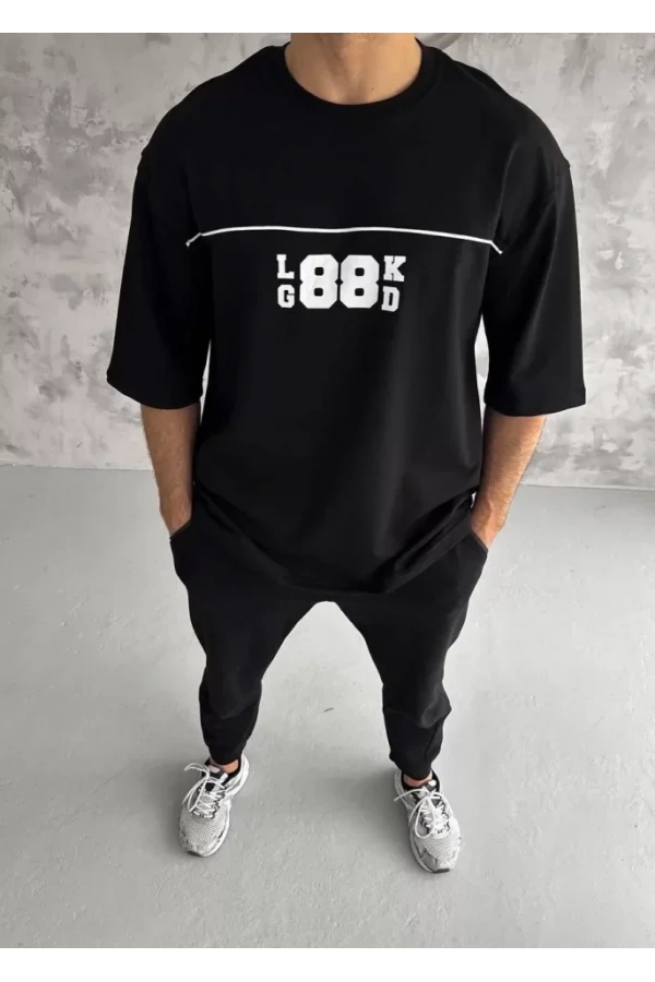 Unisex Bisiklet Yaka Baskılı Oversize T-Shirt - Siyah