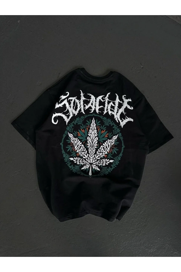 Unisex Bisiklet Yaka Baskılı Oversize T-Shirt - Siyah