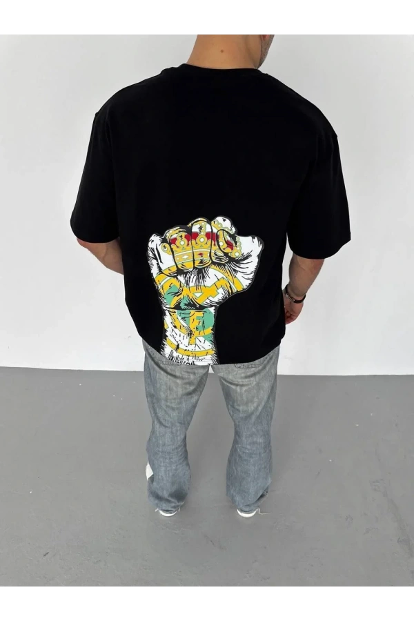 Unisex Bisiklet Yaka Baskılı Oversize T-Shirt - Siyah