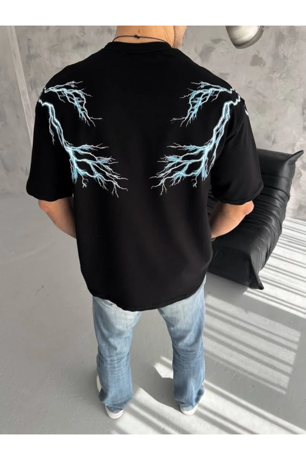 Unisex Bisiklet Yaka Baskılı Oversize T-Shirt - Siyah