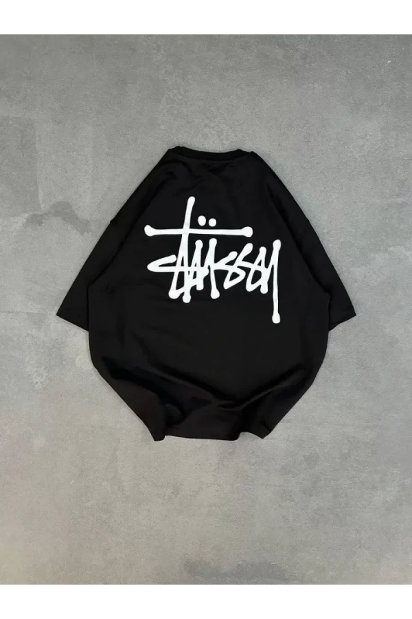 Unisex Bisiklet Yaka Baskılı Oversize T-Shirt - Siyah