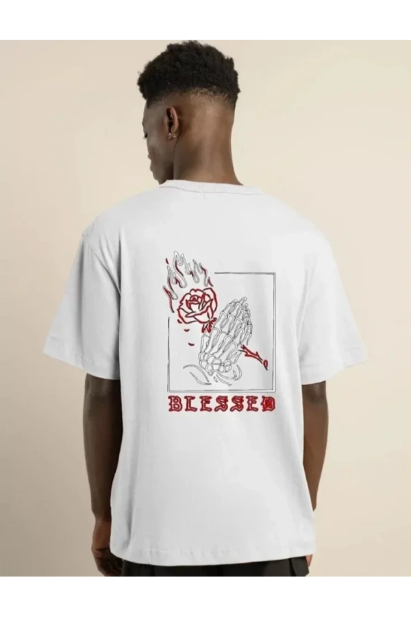 Unisex Bisiklet Yaka Oversize Baskılı T-Shirt - Beyaz