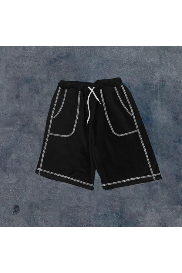 Unisex Dikişli Cepli Oversize Şort - Siyah