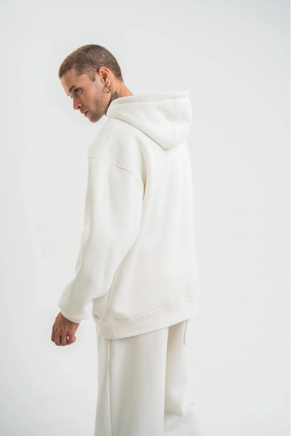 Unisex Double Oversize Kapşonlu Basic SweatShirt - Beyaz