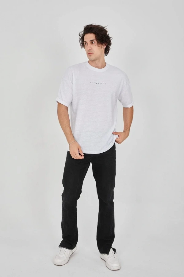 Unisex Jakar Kumaş Rahat Kol T-Shirt - Beyaz