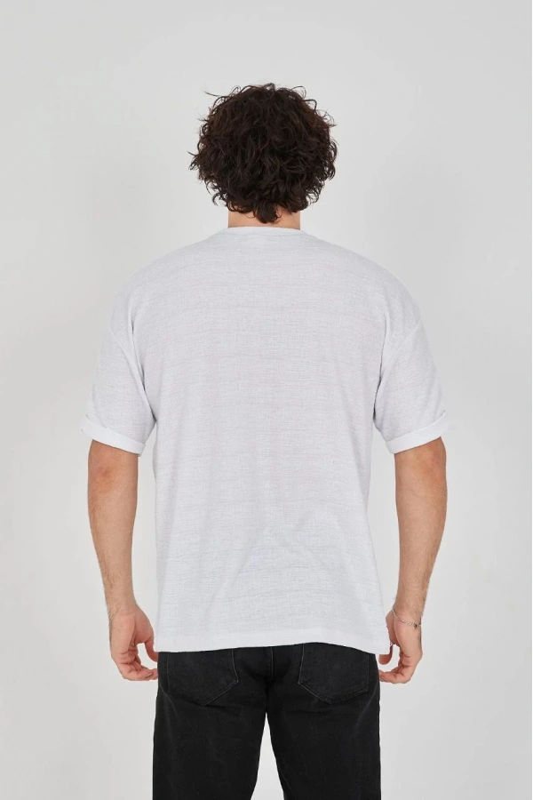 Unisex Jakar Kumaş Rahat Kol T-Shirt - Beyaz