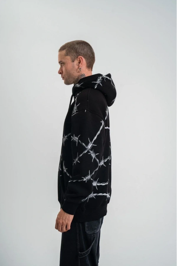 Unisex Kapşonlu Varak ve Pano Baskılı SweatShirt- Siyah