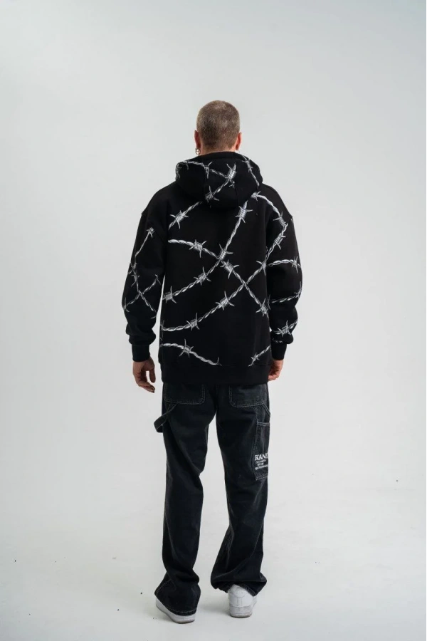 Unisex Kapşonlu Varak ve Pano Baskılı SweatShirt- Siyah