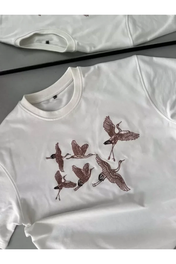 Unisex Nakış İşlemeli T-Shirt - Beyaz