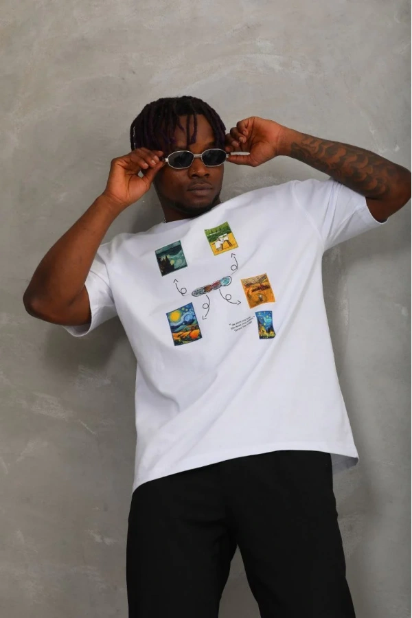 Unisex Oversize Baskılı Bisiklet Yaka T-Shirt - Beyaz