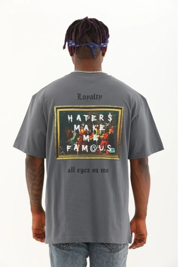 Unisex Oversize Baskılı Bisiklet Yaka T-Shirt - Füme