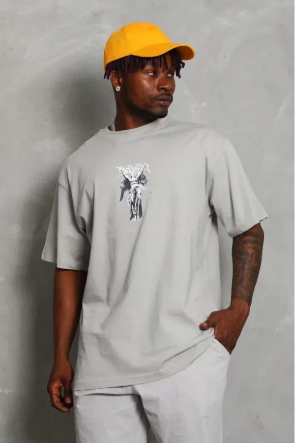 Unisex Oversize Baskılı Bisiklet Yaka T-Shirt - Gri