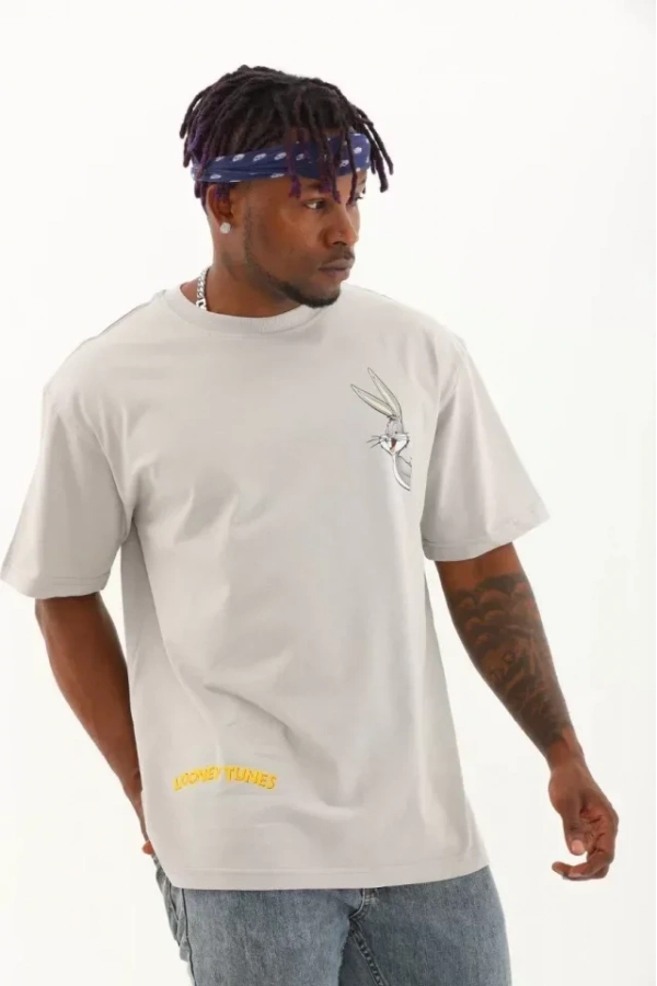 Unisex Oversize Baskılı Bisiklet Yaka T-Shirt - Gri