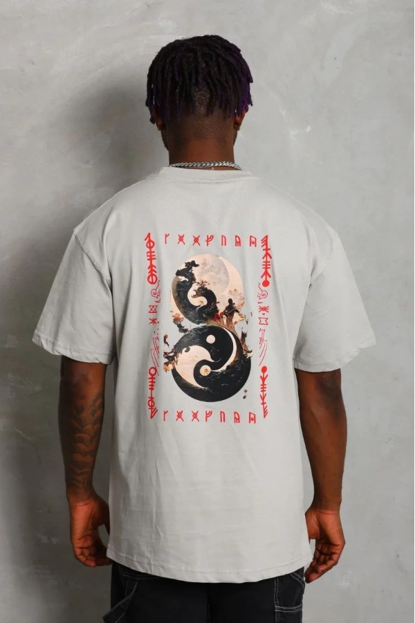 Unisex Oversize Baskılı Bisiklet Yaka T-Shirt - Gri